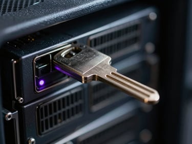 Macro extreme close-up of a physical hardware security key inserted into a dark server chassis, subtle violet indicator light glowing, shallow depth of field.
