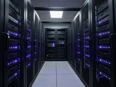Symmetrical wide-angle view of a dark, high-end enterprise data center, clean cable management glowing with cool violet LED indicator lights, low-key dramatic studio lighting.