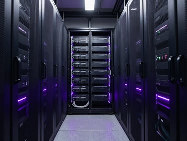 Symmetrical architectural view of a high-end enterprise data center, clean cable management with cool-toned violet rim lights, low-key dramatic studio lighting, deep slate tones.