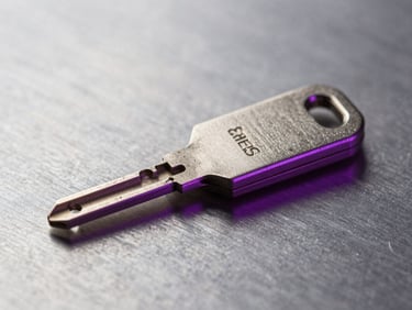 Macro shot of a physical hardware security key resting on a brushed metal surface, cool violet rim light, sharp focus, technical atmosphere