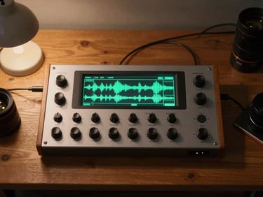 Top-down view of a classic 12-bit sampler on a cluttered wooden desk, glowing green LCD screen displaying waveform data, warm desk lamp lighting.