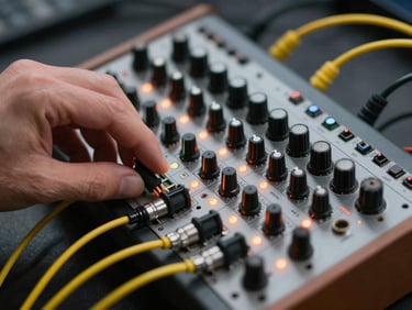 Close-up of fingers patching a yellow cable into a modular synthesizer, patch bays crowded with cables, tiny red and orange LEDs blinking.