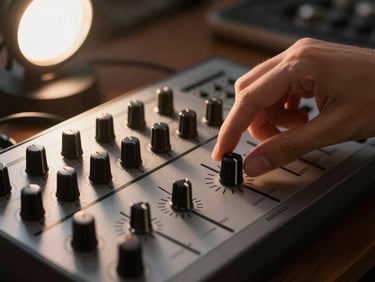 Close-up of a classic 16-pad drum machine, fingers adjusting the master volume knob, warm desk lamp lighting
