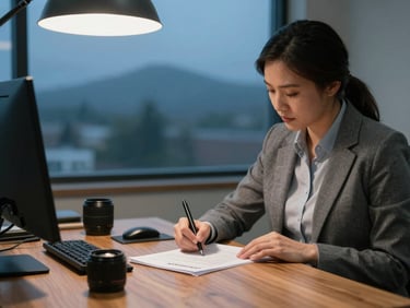 A licensed agent signing official state filing documents on a wooden desk, soft overhead light, professional local office detail, 35mm lens