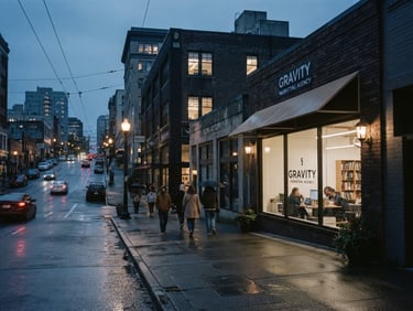 A real Tacoma streetscape near Commerce Street at dusk, soft streetlights, professional local agency storefront visible, cool Pacific Northwest lighting, 35mm lens