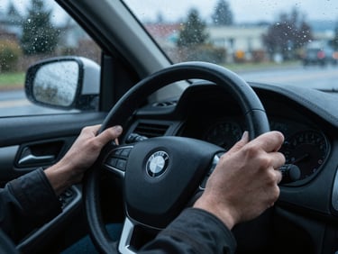 Close-up of hands on a steering wheel driving through wet Tacoma streets, cool Pacific Northwest daylight, sharp focus, 35mm lens