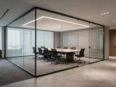 Wide angle of a custom-built private office floor, glass partitions, minimalist conference table, cool LED strip lighting.