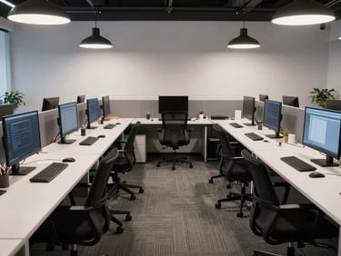 Symmetrical view of dedicated workstations in a quiet, modern open-plan office, premium task lighting, white desks.