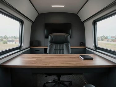 Straight-on architectural shot of an executive private cabin, minimalist desk, leather chair, cool diffused daylight.