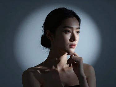 Minimalist studio photography, close-up of a woman in thoughtful introspection, dramatic spotlight and deep shadows, cool slate tones, 50mm lens.