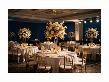 Cinematic wide shot of a grand luxury wedding ballroom, warm candlelit tables, soft gold floral installations, deep navy shadows, 35mm photography