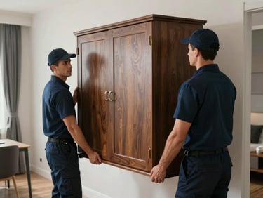 Medium shot of two uniformed movers in navy blue shirts lifting a heavy wardrobe together inside a modern apartment.