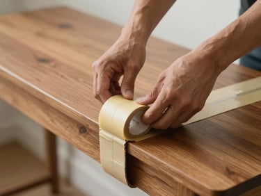 Close-up of hands applying thick cardboard corner guards and heavy-duty tape to a polished wood console table, bright natural light.