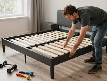Movers carefully assembling a modern bed frame in a bright bedroom, tools organized neatly on the floor.