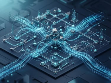 sleek 3D digital render, clean data flow visualizations connecting abstract nodes, cool-toned ambient studio lighting, deep navy and cyan accents, minimalist high-tech aesthetic, isometric view