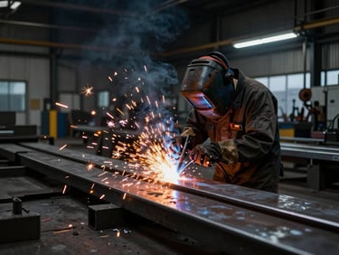 Active metal fabrication workshop with bright orange sparks flying from welding, dark moody industrial background, high-contrast lighting, 35mm