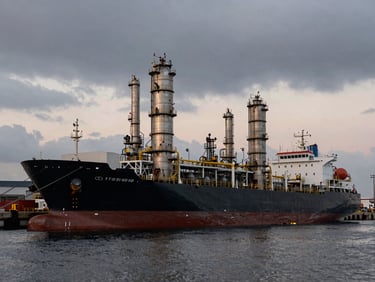 A massive petrochemical transport vessel docked at an industrial port terminal during twilight, high-contrast steel tones, wide-angle lens