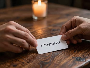 Close-up of hands placing the L'Hermite card on an ancient wooden table, warm candle flame glowing softly in the dark background.