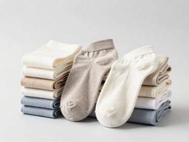 Studio shot of a neatly stacked pile of neutral-colored socks and underwear, clean background, bright even light, crisp focus, high-key, 50mm