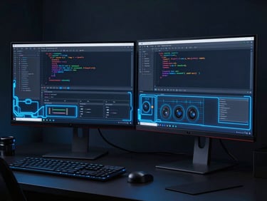 Sleek dark-mode digital workspace with glowing electric blue wireframes on dual monitors, code editor visible, dramatic screen-glow lighting, 35mm lens, sharp focus