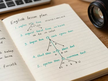 Close-up of structured English lesson plans with hand-drawn syntax trees, teal ink notes on warm cream paper, clean desk setup.