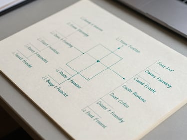 Overhead desk study of a structured English grammar pattern diagram, hand-drawn teal annotations on ivory paper, sharp north-facing daylight, minimalist aesthetic