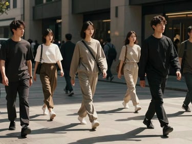 Diverse models walking through a modern city street, sunlight creating dramatic shadows, wearing minimalist apparel, cinematic framing.