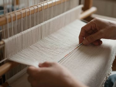 Close-up of hands weaving intricate fabric on a loom, soft natural light highlighting textures, shallow depth of field.