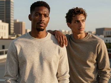 Diverse model in active pose, urban landscape background, wearing Letters to God apparel, golden-hour warmth, cinematic.