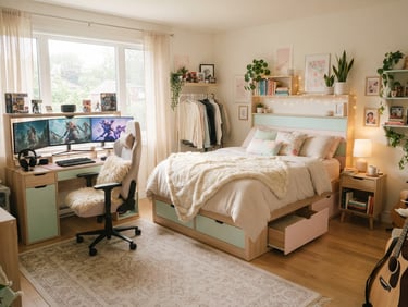 Sunlit teen bedroom, wide shot, showing a pastel wood bed with integrated storage drawers and a gaming desk, soft natural morning light, light wood textures, cozy faux fur accents.