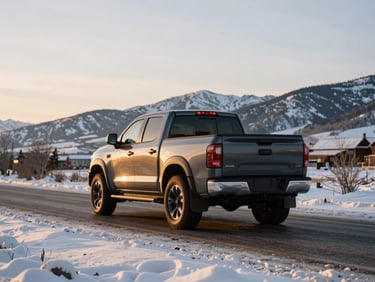 Wide shot of a modern pickup truck driving on a clear, snowy Idaho road, mountains in the background, soft golden-hour natural light, rich deep tones, shallow depth of field, 35mm