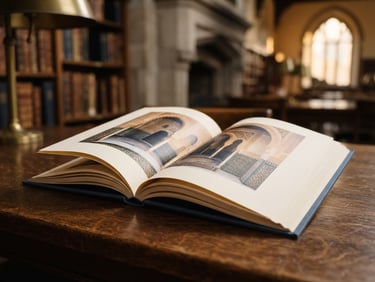 Elegant close-up of a high-end cultural publication lying on a dark wooden table in a museum library, soft golden hour lighting, cinematic focus