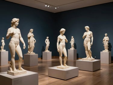 Crisp controlled museum illumination showing a curated gallery space with classical and contemporary sculptures, warm ivory tones, medium format depth.