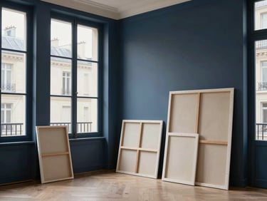Elegant editorial photography of a modern artist studio in Paris with large windows, soft gallery lighting, canvases leaning against the wall, muted midnight blue tones.