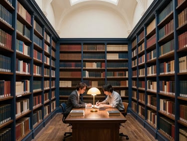 An elegant library interior with high ceilings, historic books on shelves, a modern researcher working under soft golden desk lamp light.