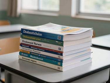 Stack of Indonesian educational textbooks and reference volumes on a classroom desk, spines facing up, natural window light, clean institutional setting, no people
