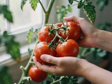 Hands carefully harvesting vibrant heirloom tomatoes from a vine, soft morning light, shallow depth of field, rich crimson tones.