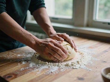 Hands kneading sourdough on a wooden counter, flour dust, natural window light, rustic kitchen, warm editorial photography, 35mm film.