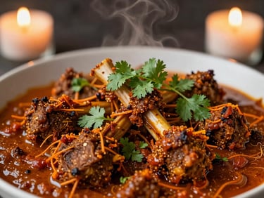 Close-up of a vibrant, steaming lamb Rogan Josh, garnished with fresh cilantro, moody candlelit ambient light, rich saturated saffron tones.