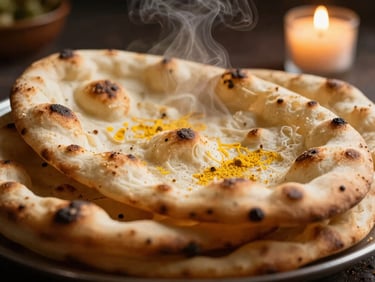 Tight macro shot of freshly baked naan bread, steam rising, with subtle char marks, low-light photography, shallow depth of field.
