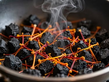 Close-up of whole spices being toasted in a pan, saffron and charcoal tones, warm ambient light, tight macro shot, aromatic steam.