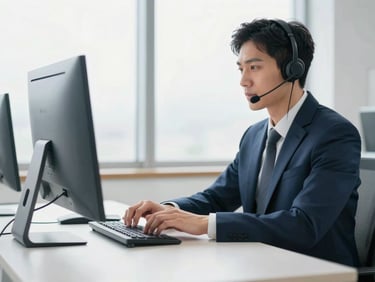Focused remote worker wearing a headset, typing on a keyboard in a clean, minimalist workspace, bright natural light, cool slate tones, shallow depth of field, 35mm