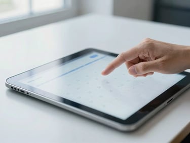 Close-up of a hand placing an appointment on a digital calendar interface on a clean desk, bright natural light, cool slate tones, shallow depth of field, 35mm