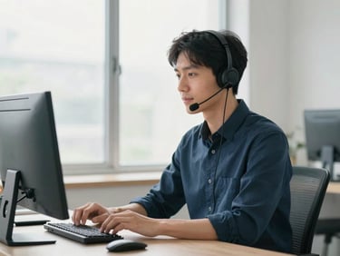 Professional remote worker with headset making a call in a modern, clean home office setup, bright natural light, cool slate tones, shallow depth of field, 35mm