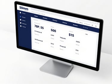 Overhead desk setup showing high-contrast e-commerce performance dashboard on a monitor, crisp white backdrop