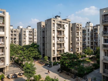 Sharp architectural photography of Dwarka residential society buildings under bright afternoon sunlight, clean geometric concrete structures