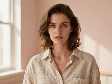 Editorial portrait of a female hair stylist in a light beige linen shirt, soft natural window light, warm minimal studio background