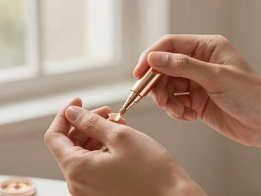 Editorial close-up of hands delicately applying soft golden pigment, warm natural light, shallow depth of field