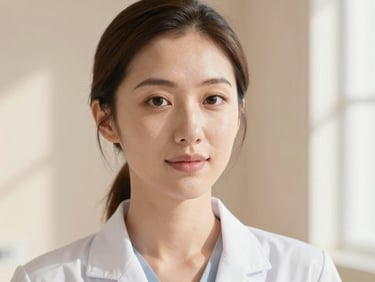 Editorial portrait of a female skin specialist with glowing natural skin, soft focus, warm alabaster background