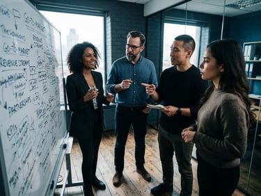 Low-angle heroic shot of diverse founders analyzing a complex business model on a whiteboard, sharp natural window light, deep slate tones